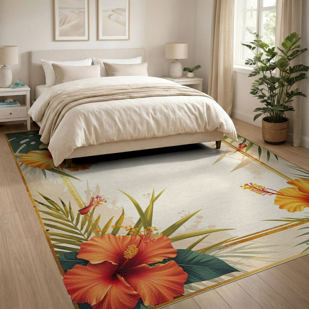 Orange Hibiscus Palm Border Area Rug