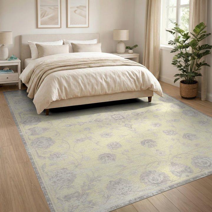 Pale Yellow Grey Floral Vintage Area Rug