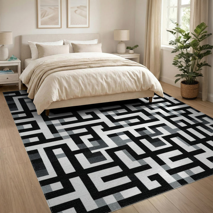 Black White Geometric Maze Area Rug