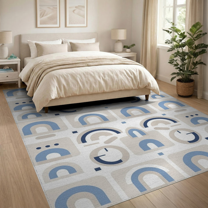Blue Geometric Arch Washable Area Rug