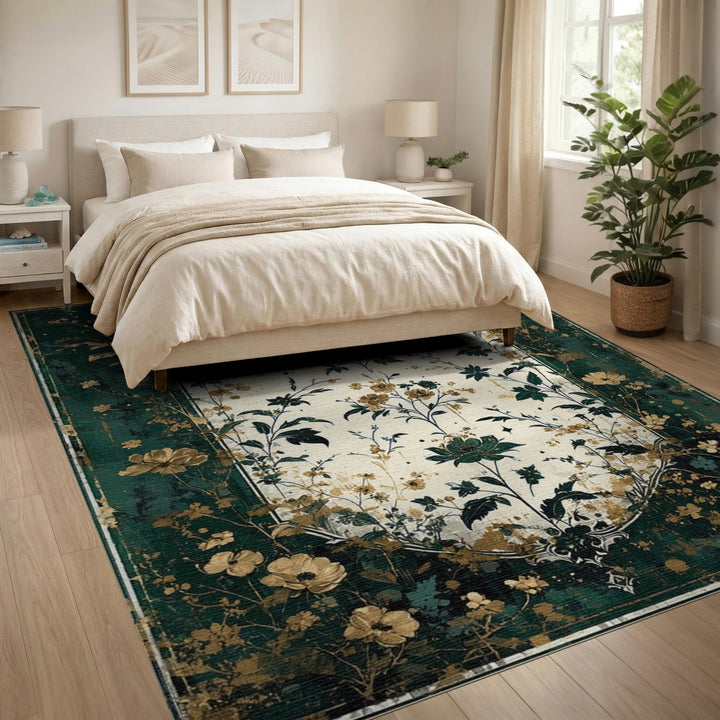Green Gold Floral Vintage Floral Vintage Area Rug