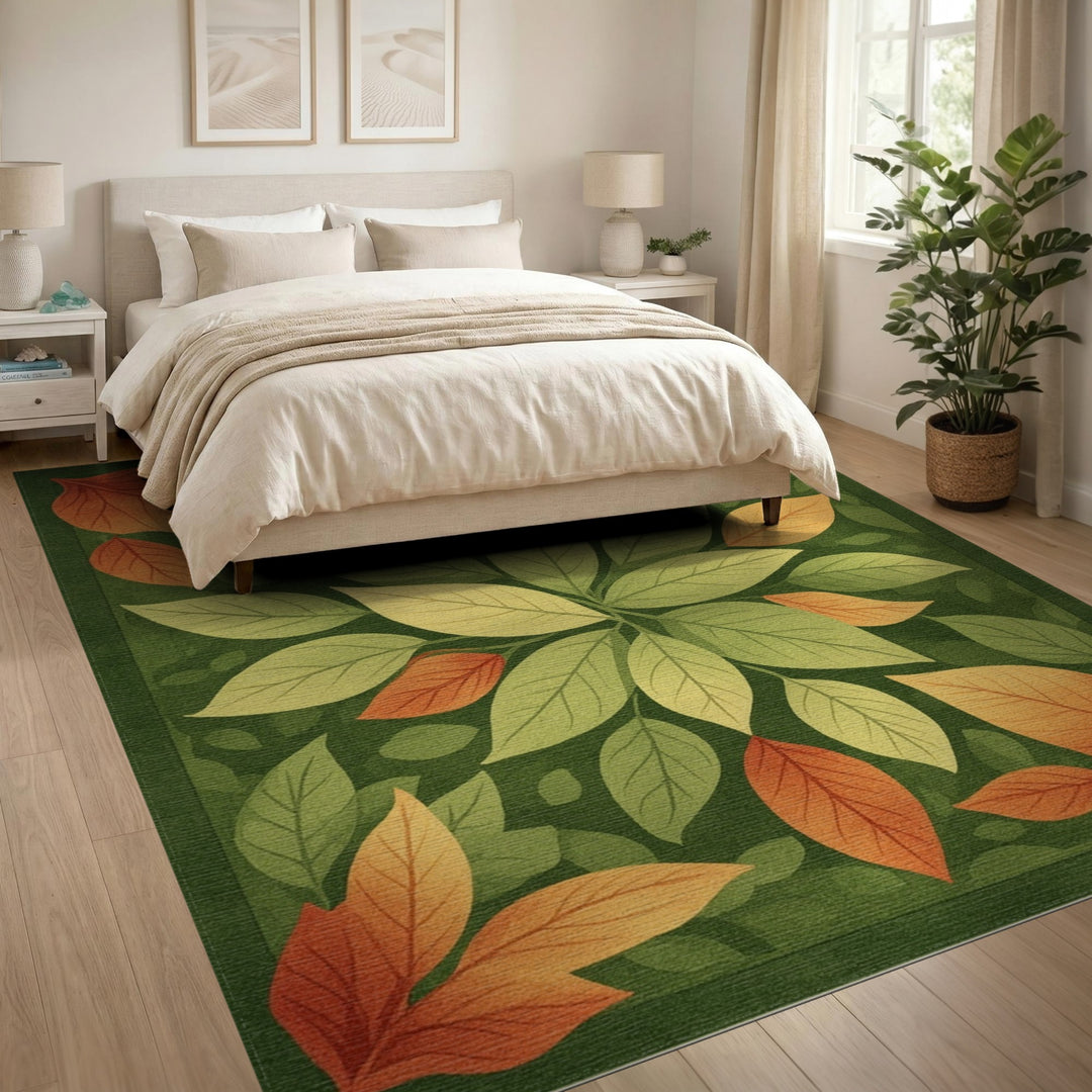 Green Autumn Leaf Floral Area Rug