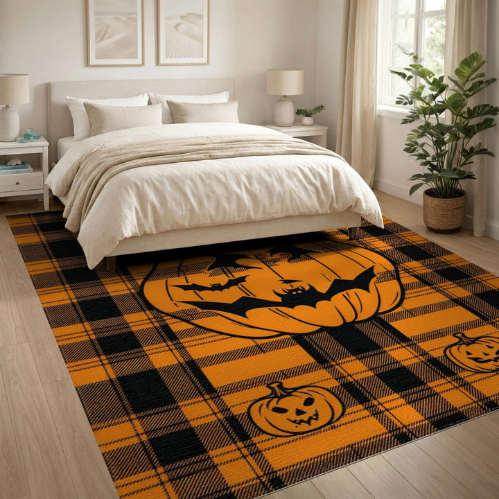 Halloween Pumpkin Bat Orange Plaid Area Rug