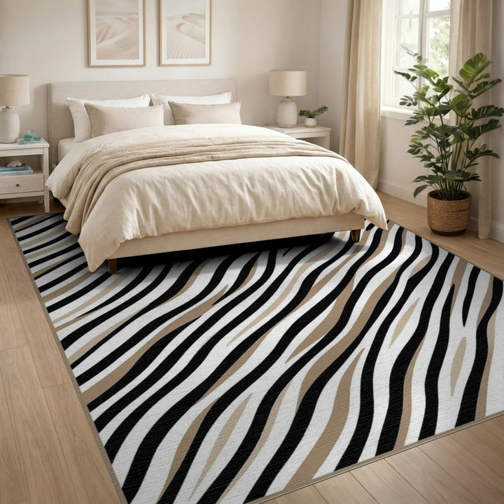 Abstract Area Black White Wavy Stripe Area Rug