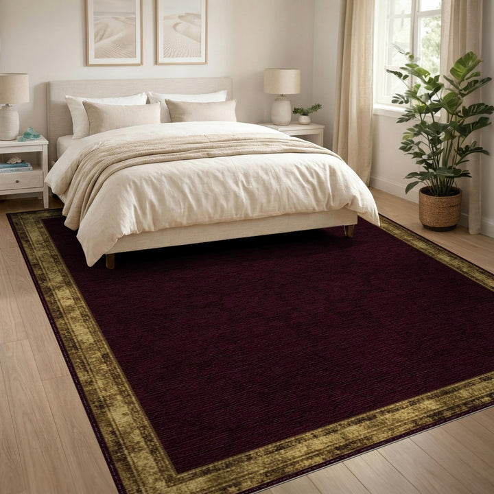 Red Damask Area Rug with Distressed Gold Border