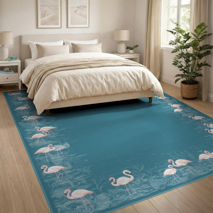 Pink Flamingo Teal Border Washable Area Rug