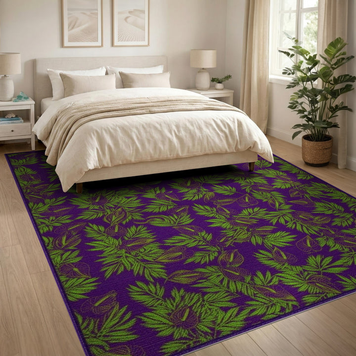Purple Floral Leaf Area Rug