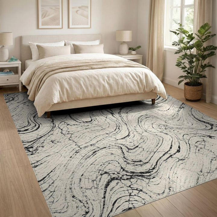 Black White Distressed Marble Swirl Area Rug