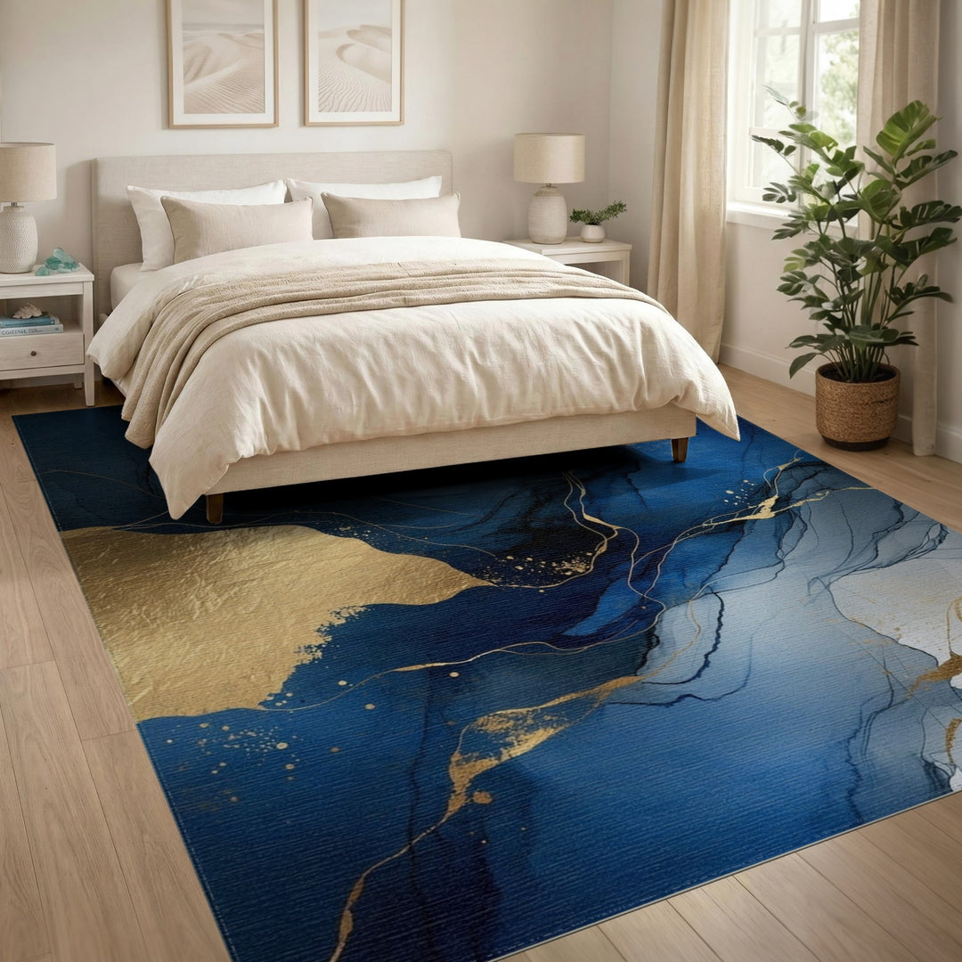 Blue Gold Abstract Fluid Area Rug