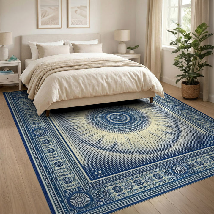 Blue and Teal Blue Sunburst Geometric Area Rug