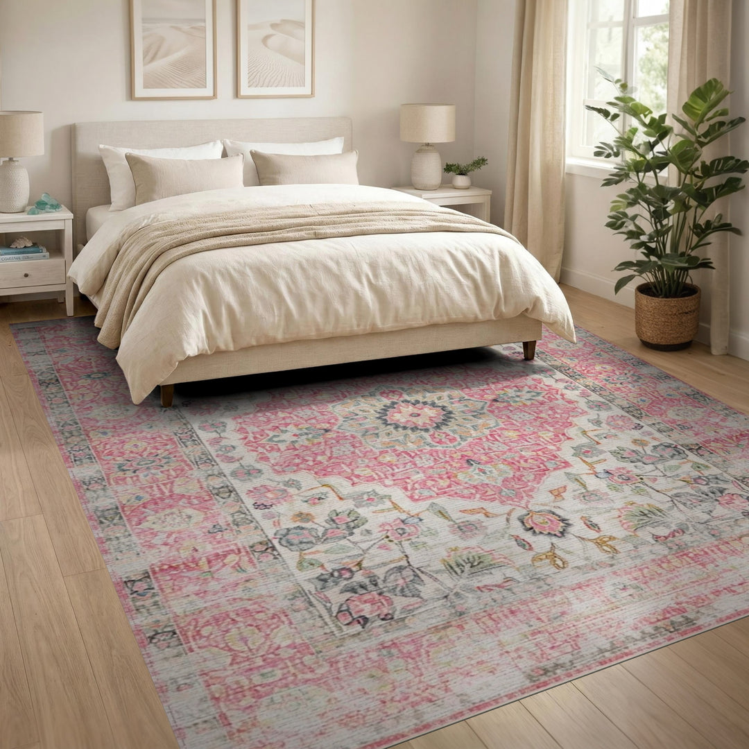 Pink Floral Vintage Medallion Area Rug