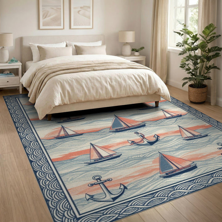 Nautical Sailboat and Anchor Area Rug