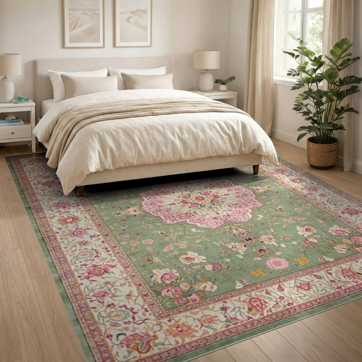 Green Floral Vintage Rug with Pink Medallion