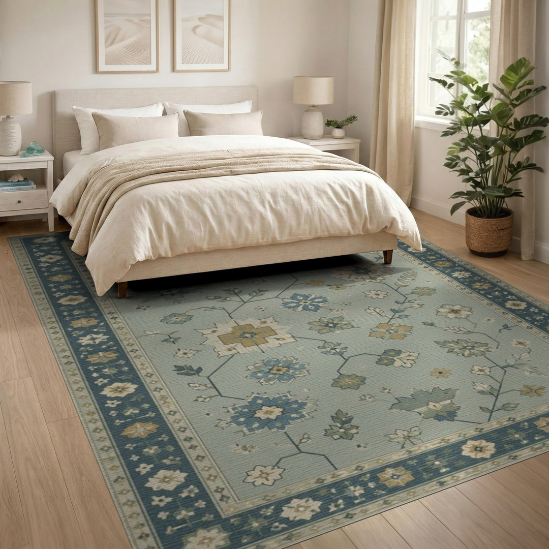 Blue Teal Floral Vintage Area Rug