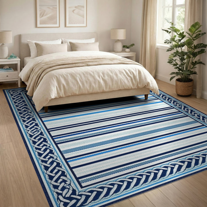 Blue Striped Heritage Area Rug with Knot Border