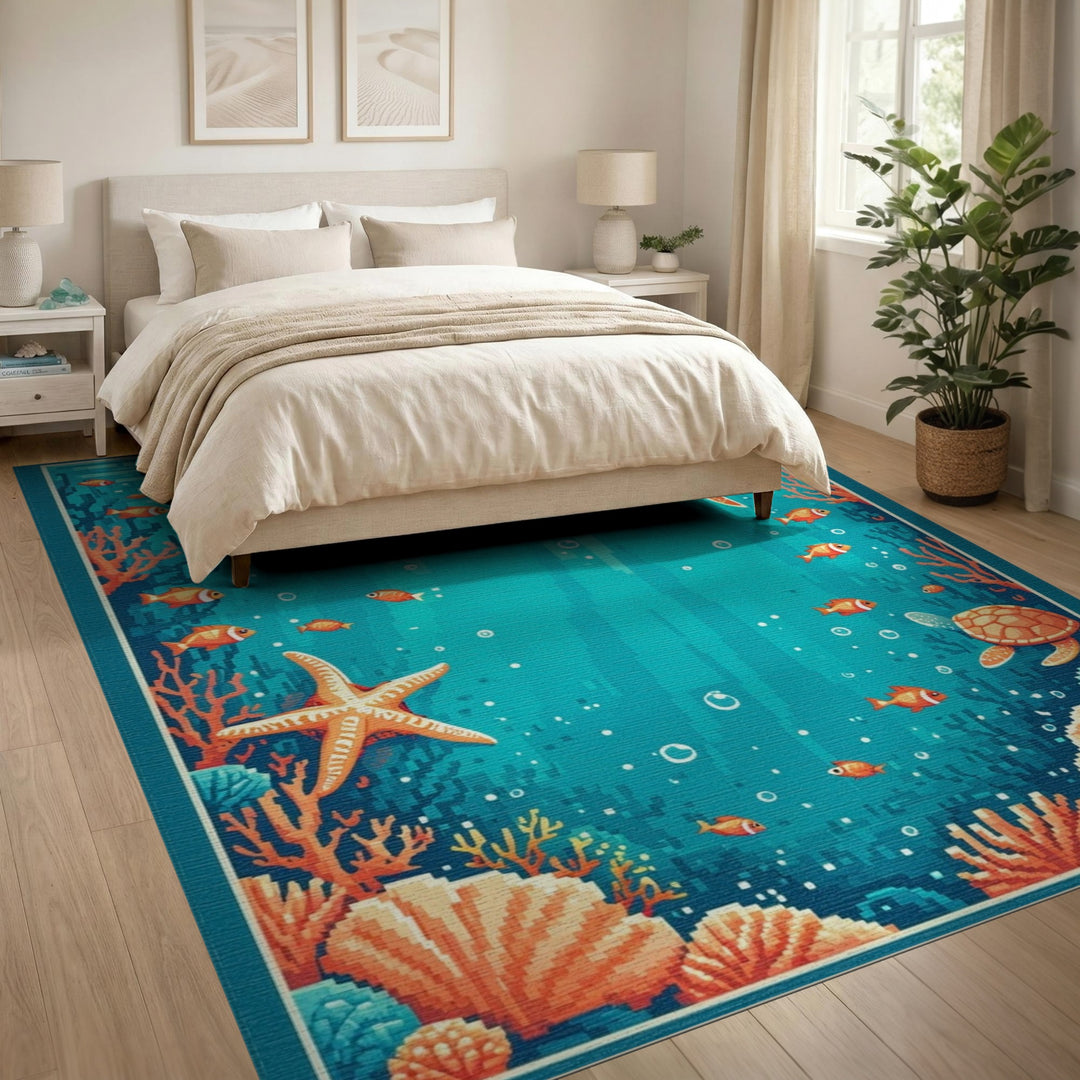 Sea Turtle Blue Teal Washable Area Rug