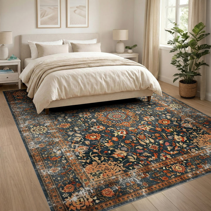 Blue Floral Distressed Vintage Rug