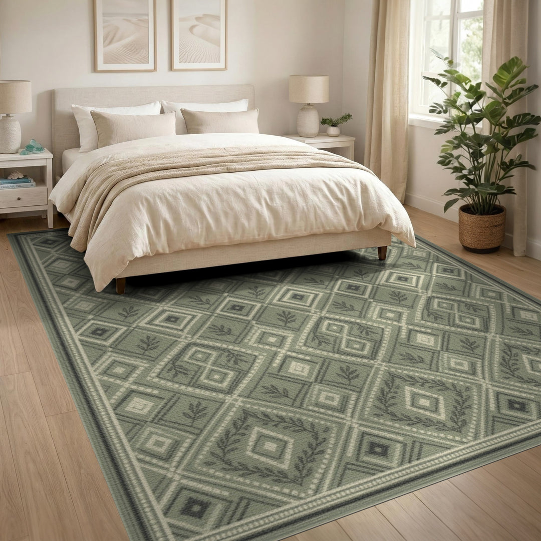 Geometric Modern Sage Green Geometric Diamond Area Rug