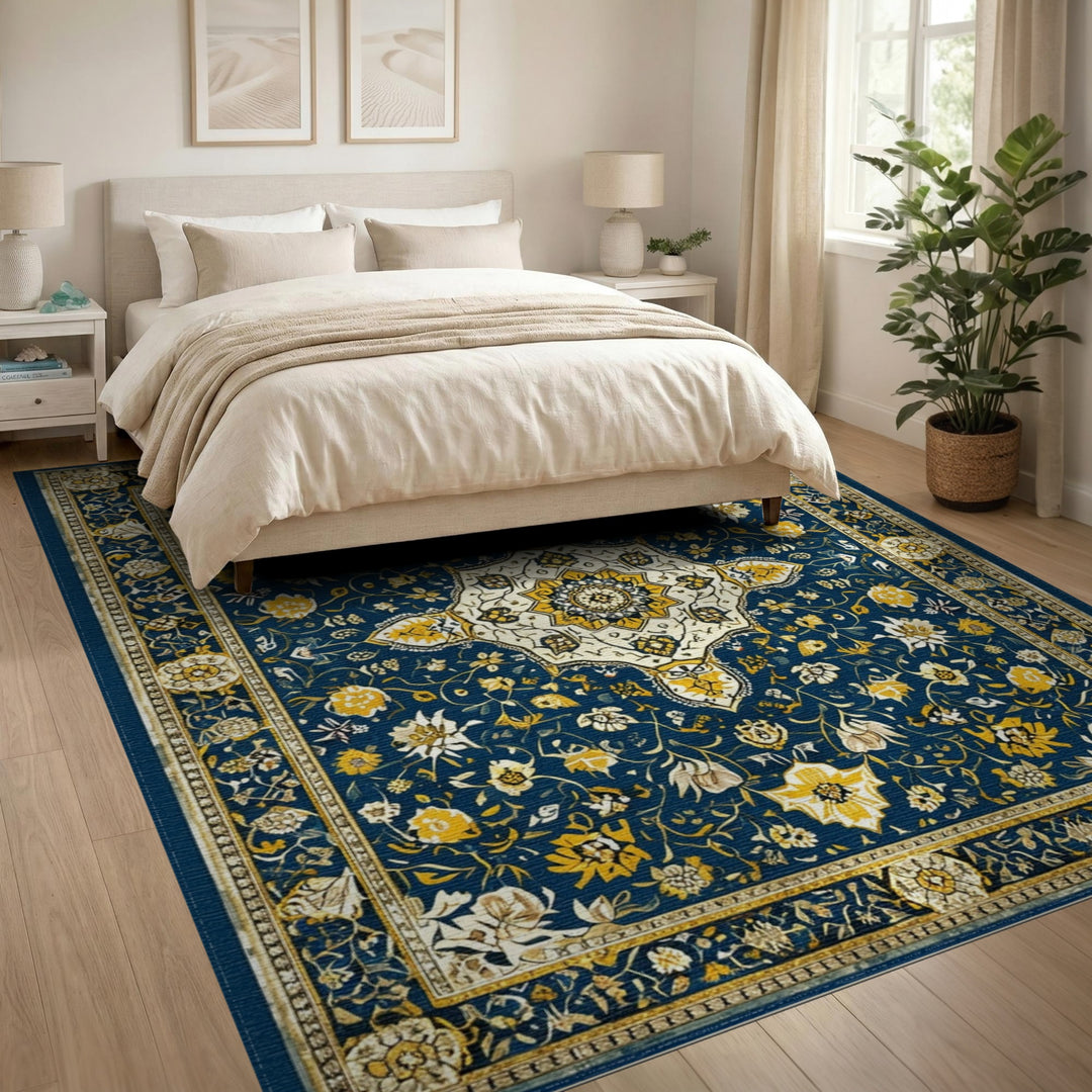 Navy Blue Gold Medallion Floral Persian Rug