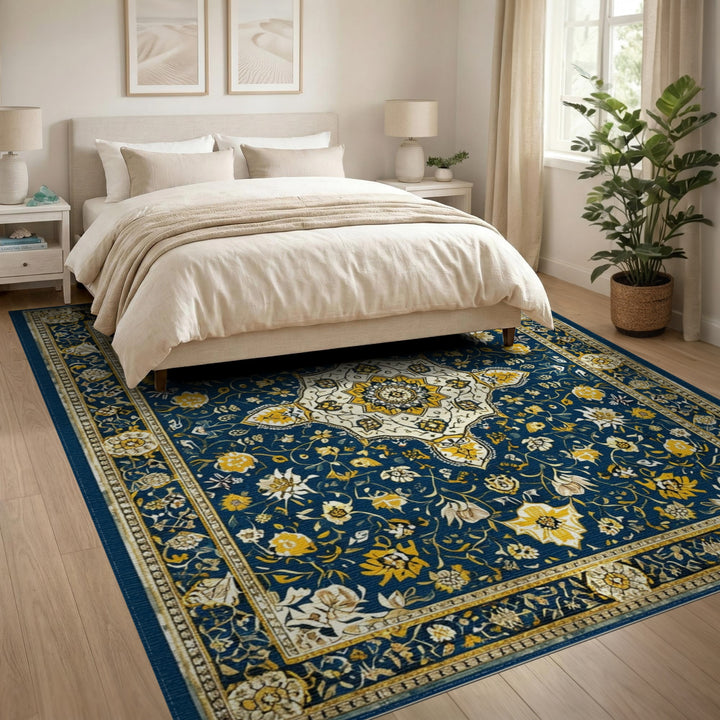Navy Blue Gold Medallion Floral Persian Rug