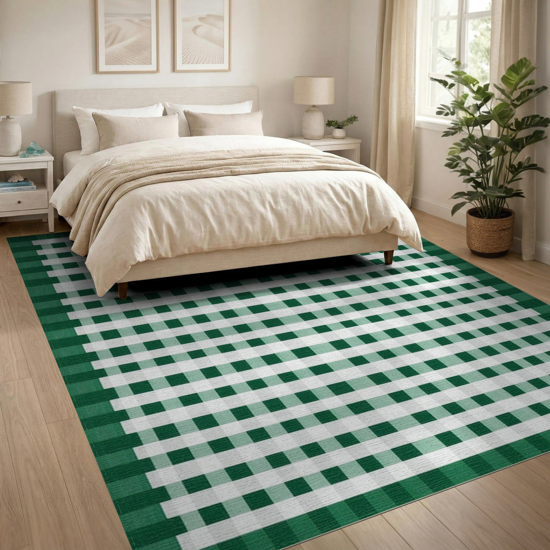 Geometric Modern Gingham Green Gingham Checkered Area Rug