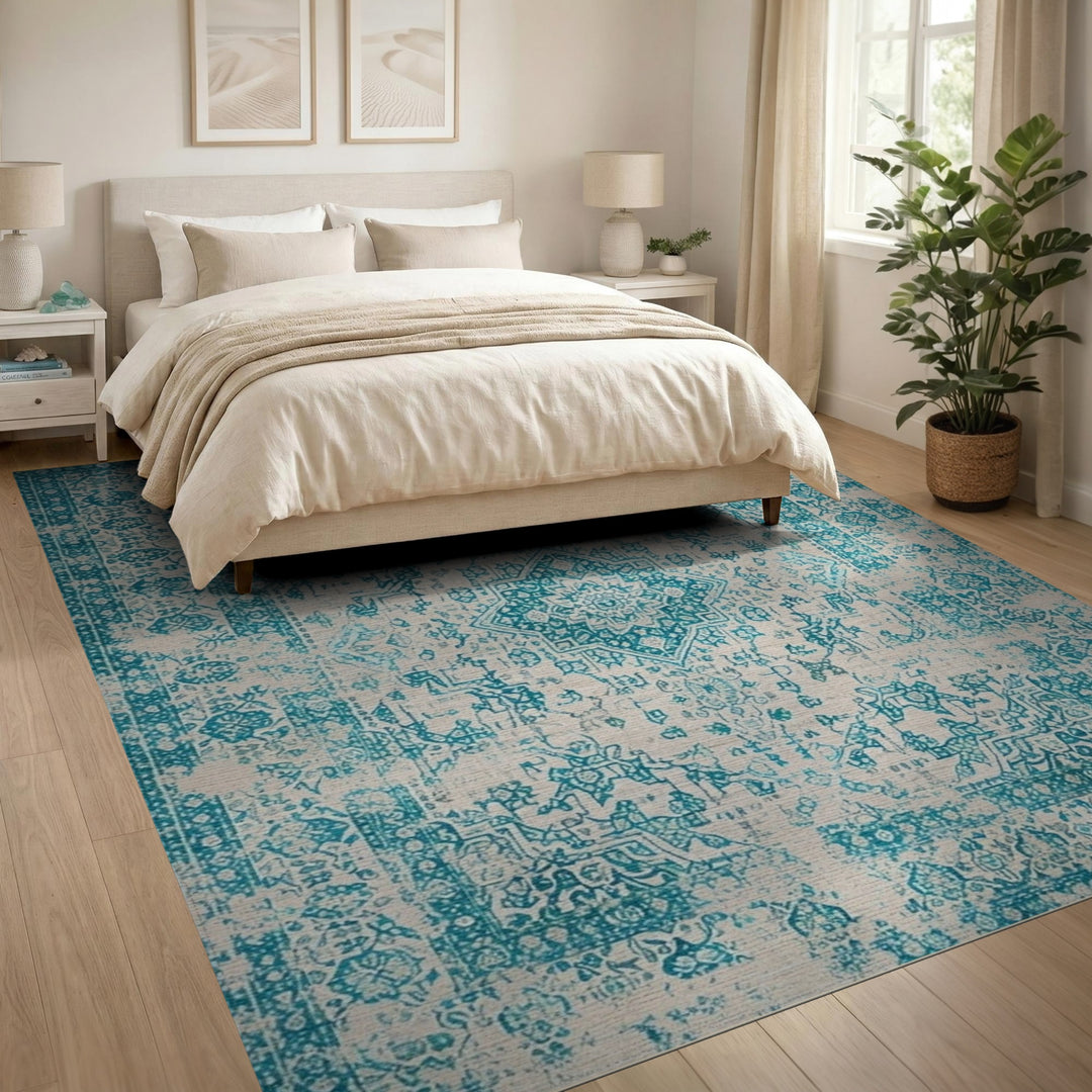 Distressed Teal Medallion Area Rug