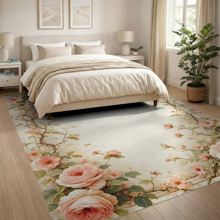 Pink Rose Floral Vintage Area Rug