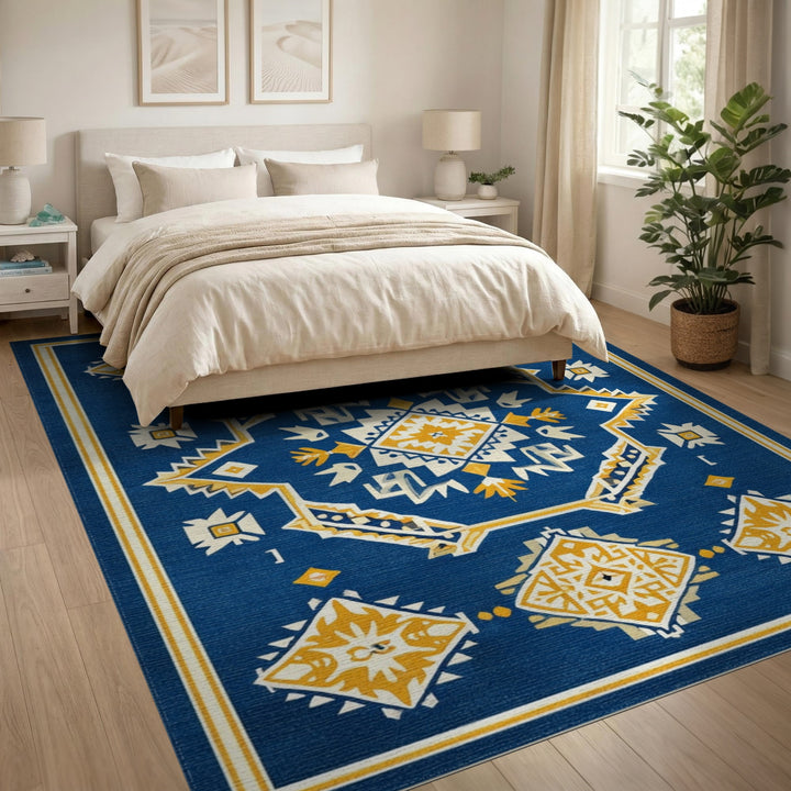 Blue Southwestern Area Rug with Yellow Accents