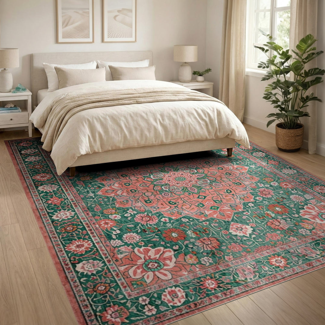 Green Floral Vintage Area Rug