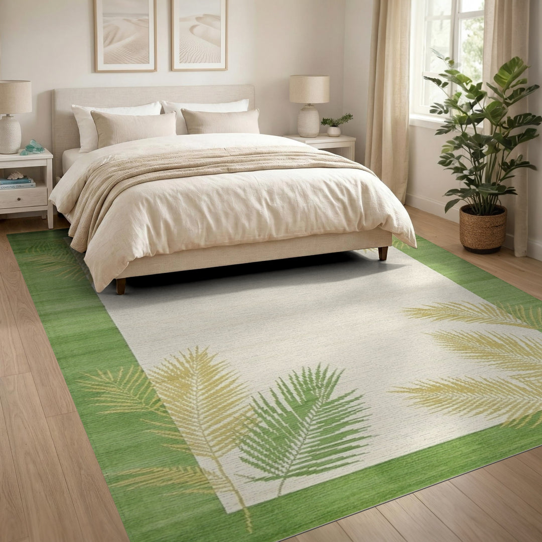 Green Coastal Beach Green Palm Frond Area Rug