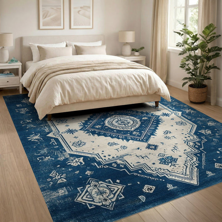 Blue and Teal Blue Distressed Vintage Area Rug