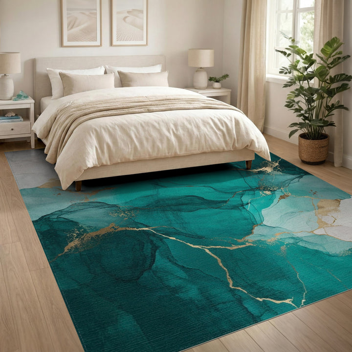 Blue and Teal Abstract Area Teal Gold Marble Abstract Area Rug