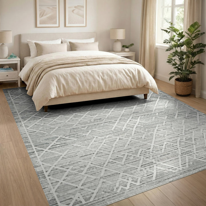 Grey Geometric Lattice Washable Area Rug