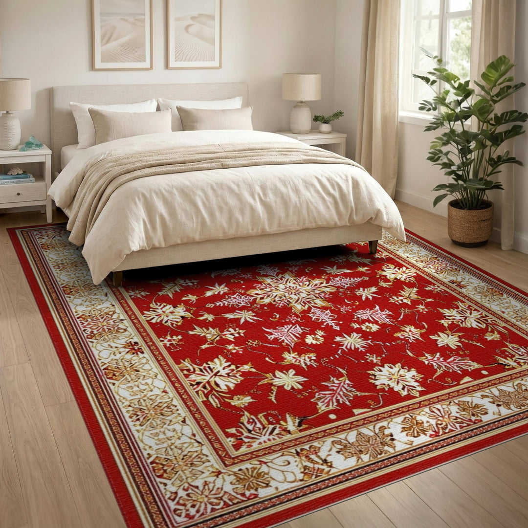 Red Floral Persian Area Rug with Gold Accents