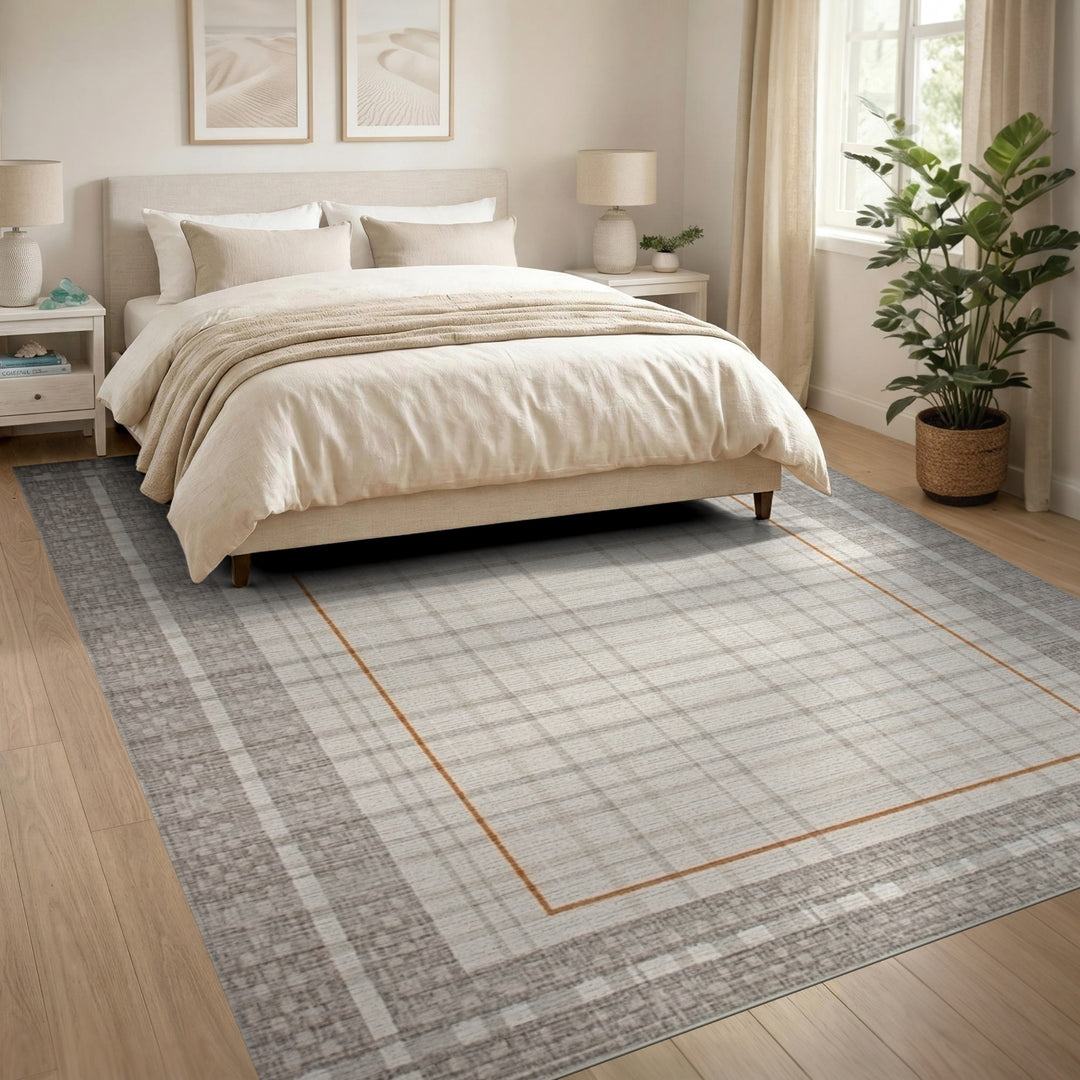 Neutral Grid Plaid Area Rug with Orange Border