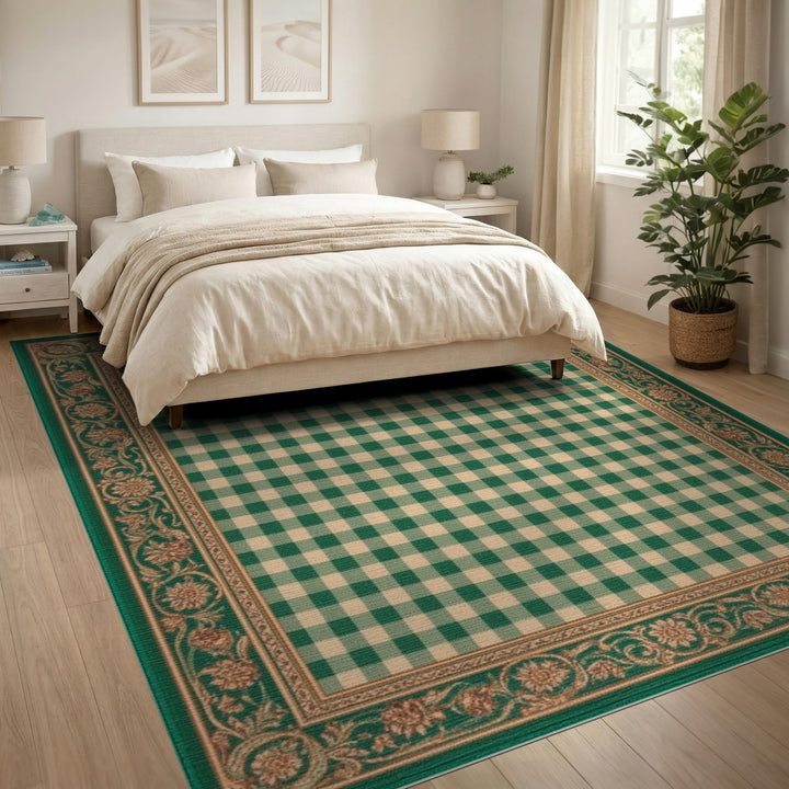Green Gingham Checkered Rug with Floral Border