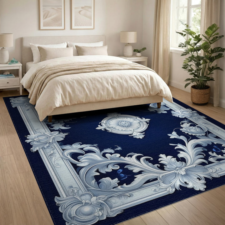 Navy Blue Floral Scrollwork Vintage Rug
