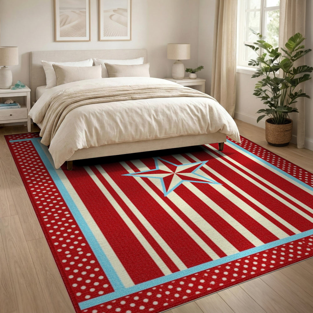Red Striped Star Washable Area Rug