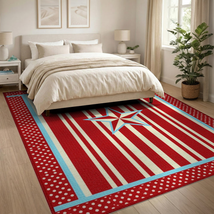 Red Striped Star Washable Area Rug