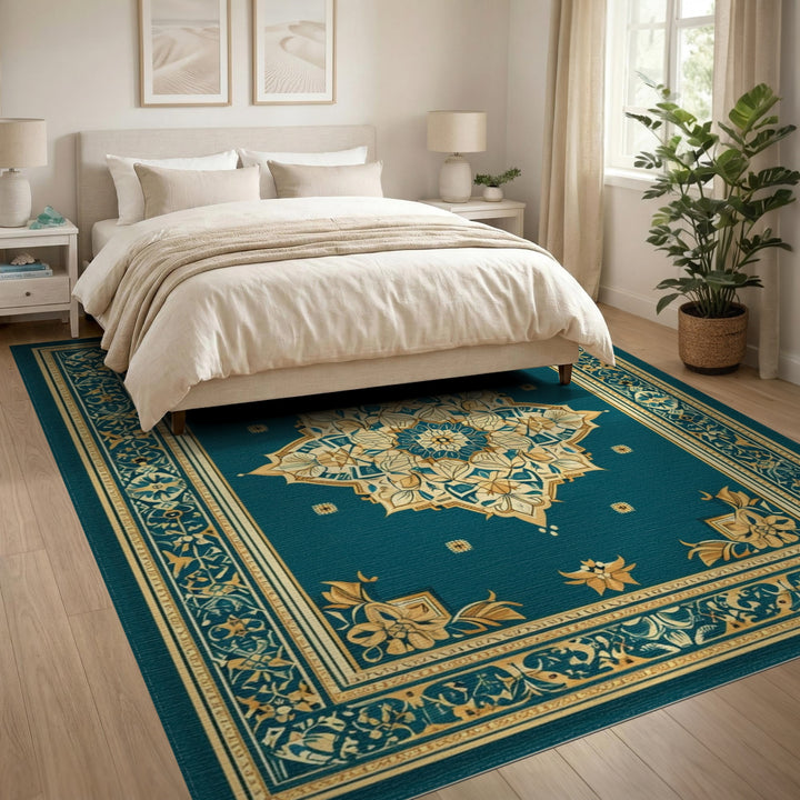 Blue and Teal Gold Floral Persian Area Rug