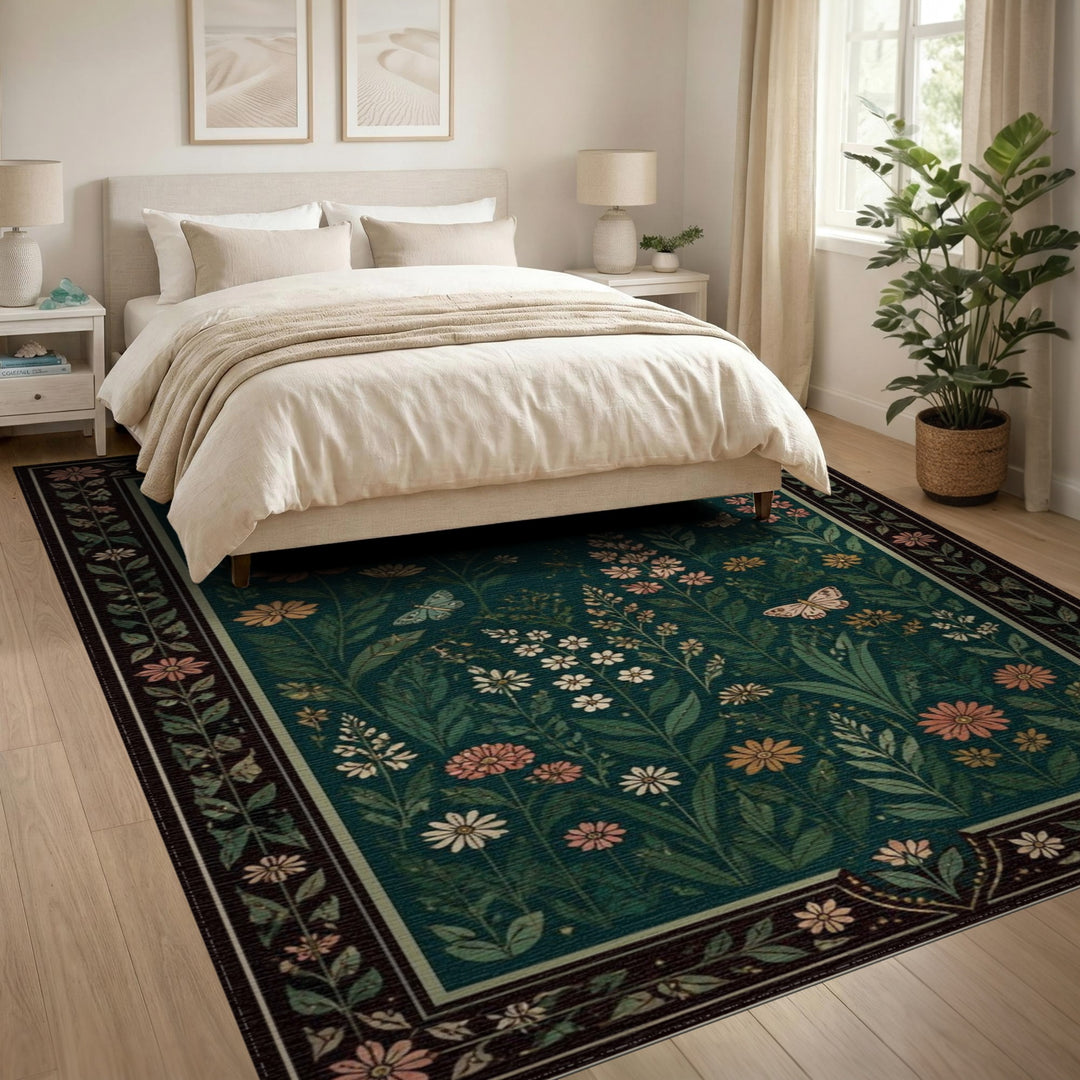 Vintage Teal Floral Butterfly Area Rug