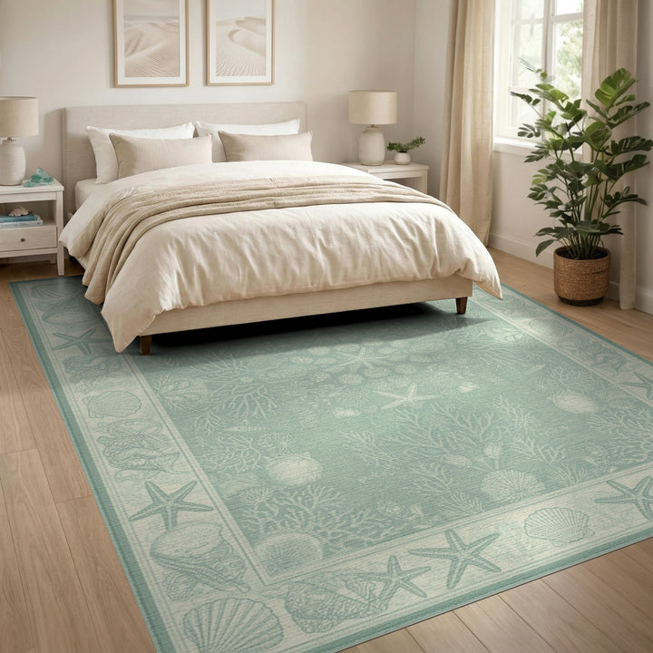 Teal Coastal Starfish Seashell Washable Area Rug