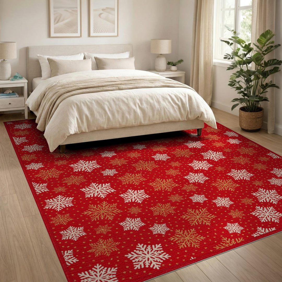 Red Snowflake Geometric Area Rug