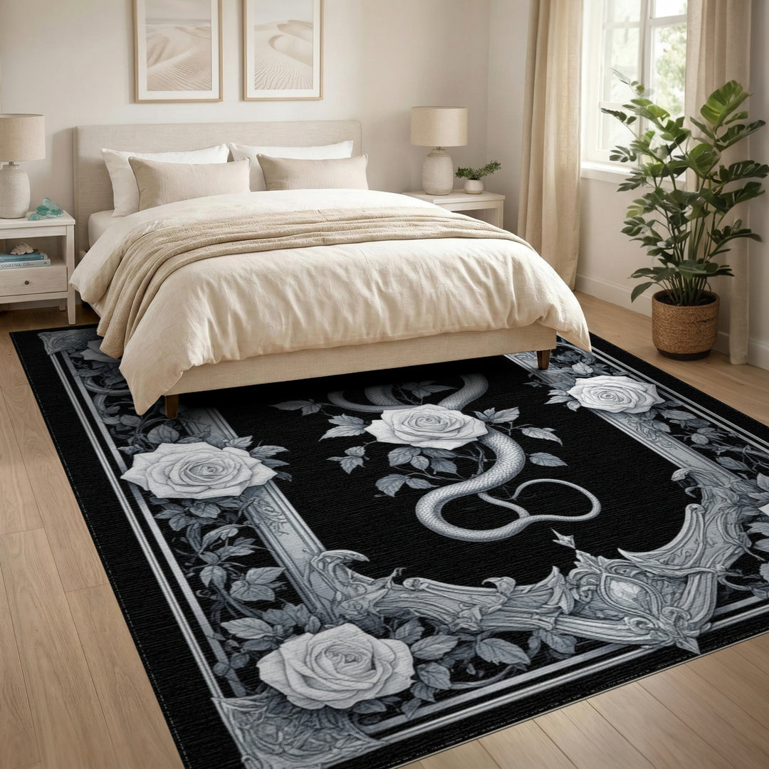 Black White Serpent Rose Ornate Area Rug