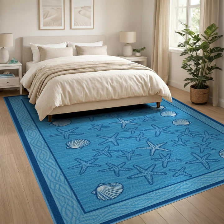 Blue Coastal Starfish and Seashell Area Rug
