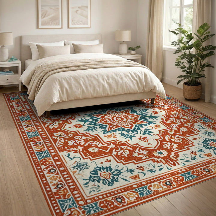 Traditional Persian Medallion Area Rug in Teal and Orange