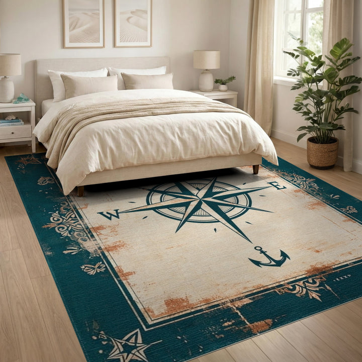 Nautical Compass Distressed Vintage Area Rug