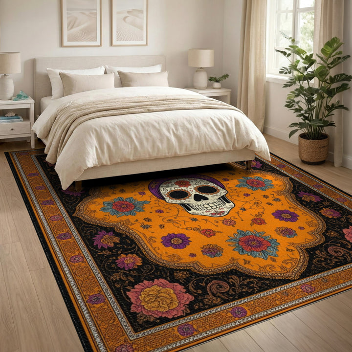 Orange Sugar Skull Floral Area Rug