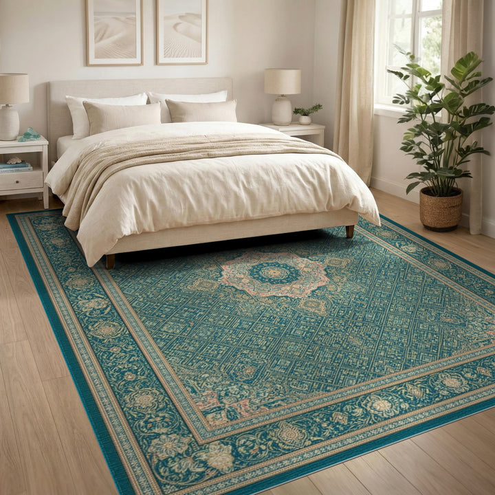 Teal Persian Medallion Area Rug with Floral Border
