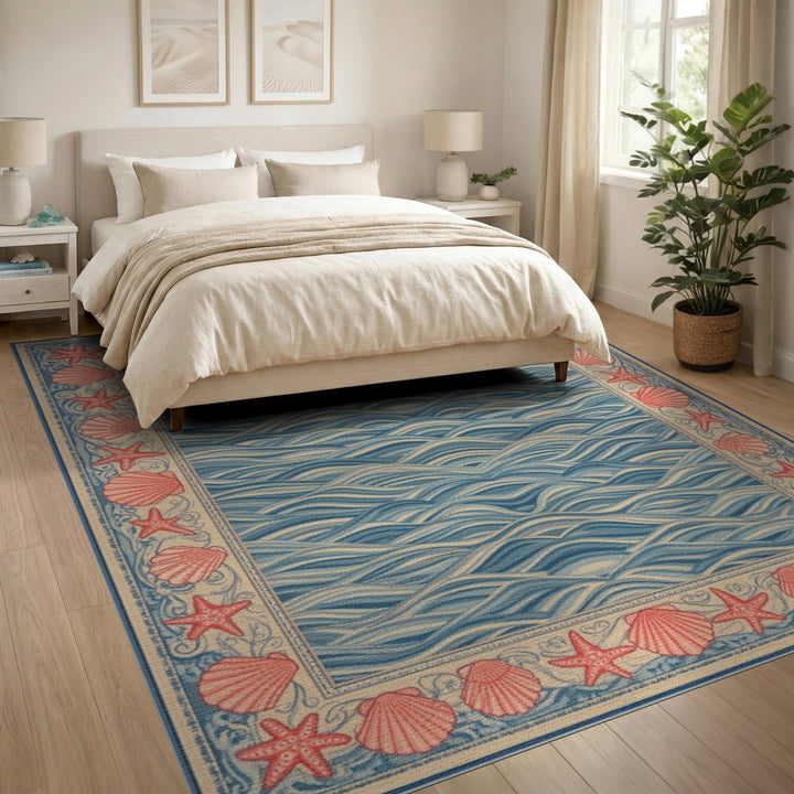 Blue Coastal Wave Area Rug with Seashell Border